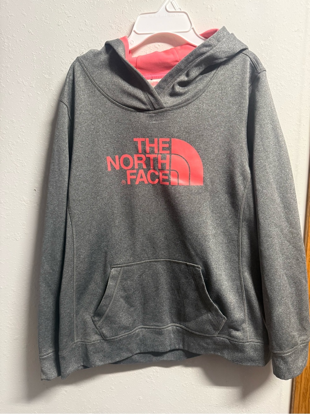 The North Face Kids Gray Pullover Hoodie with Pink Logo
